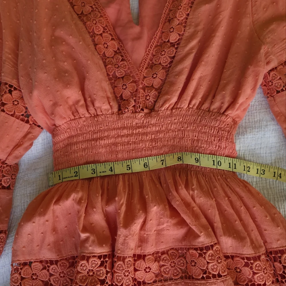 Organge Lace Cottagecore Mini Dress Long Sleeves Romantic Boho Prairie Smocked - Picture 6 of 10